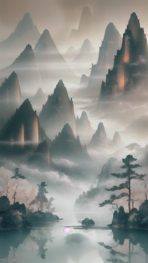 Create a mystical mountain landscape at sunrise inspired by traditional Chinese art. The scene features towering mountains enveloped in soft, swirling mist, with warm hues of orange and pink illuminating the sky. Lush, ancient trees and exotic plants adorn the mountainsides, adding to the enchanted atmosphere.

At the center of the scene, leave an open space on the flat peak of a mountain where a stone egg has just cracked open (this is where I will insert an image of Sun Wukong emerging). Surround this central area with subtle golden light rays and floating sparkles to signify a magical birth.

Ensure the overall mood is majestic and awe-inspiring, capturing the essence of myth and legend.