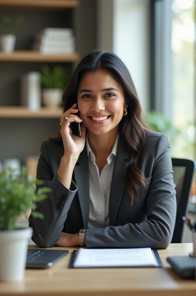 Latin woman, of 1,80 meters high, slim brunette,  straight black hair without waves, large eyes, elongated profile , a woman with a runny nose, medium thick lips, with a beautiful smile, professional, sophisticated executive, in her office presenting a topic professionally,   and another talking on the phone 