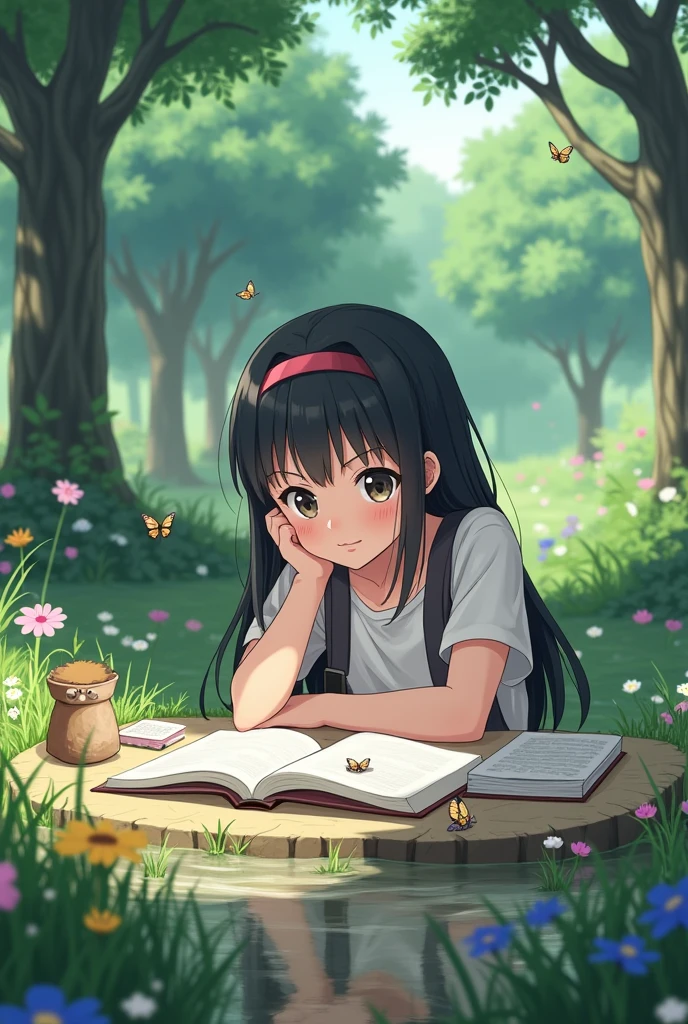 Anime character studying in nature

