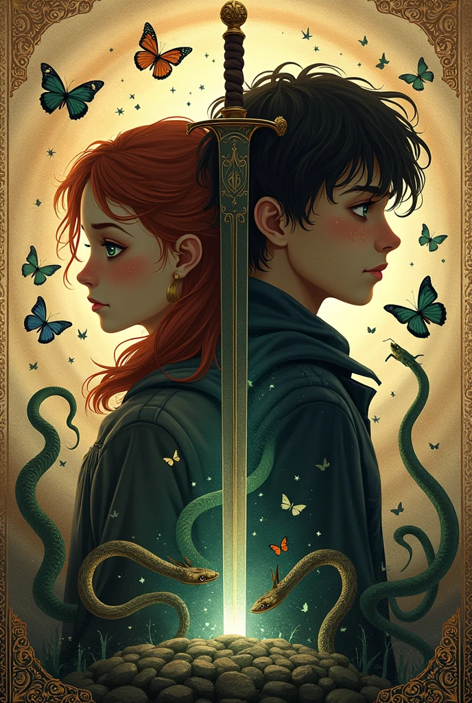 Make a fantasy book cover with daggers on it, crowns, butterflies, Snakes . where both love and chaos are represented, without showing the face of any character, representing both light and darkness, Where love is seen, add two people: a girl with copper hair, green eyes and dark skin with freckles and a boy with dark brown hair, gray eyes and a marked jaw.. that he looks at her with pain, older the boys