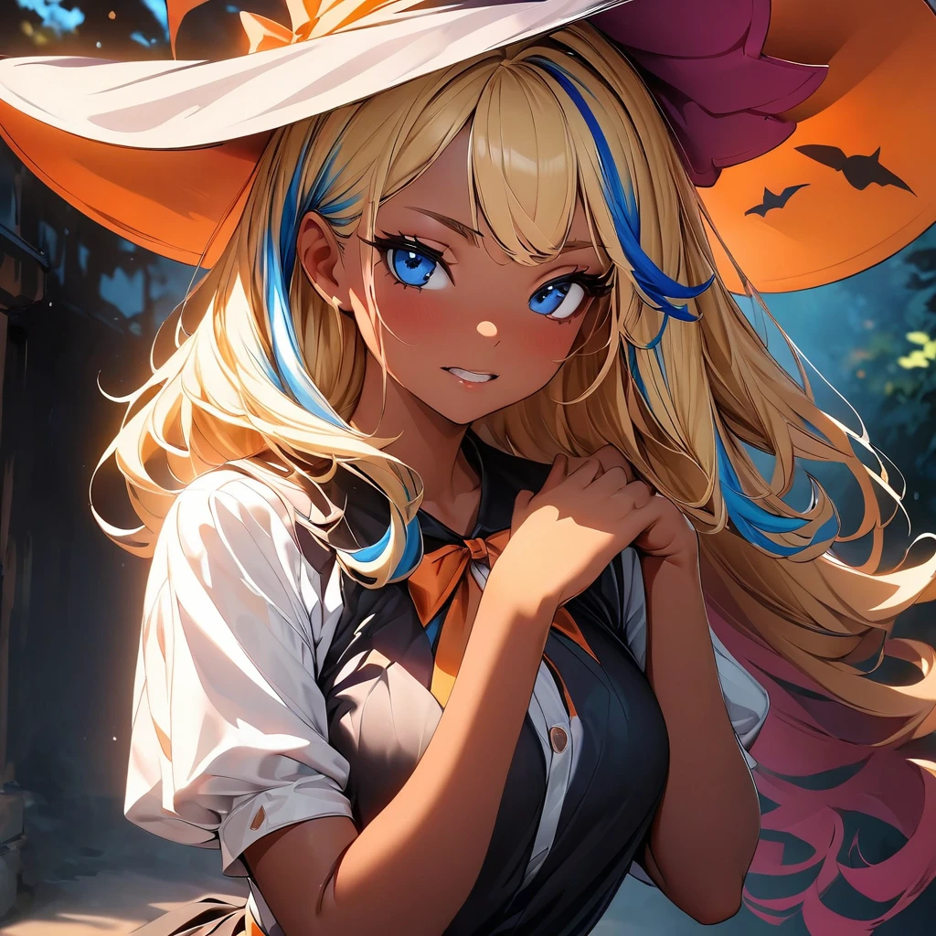 (highest quality:1.2, Very detailed, up to date, Vibrant, Ultra-high resolution, High Contrast, masterpiece:1.2, highest quality, Best aesthetics), Portraiture、girl、slim:1, Bright colors、Beautiful fine details、Beautiful lip detail、long hair, ((wavy hair:0.4))、messy hair, blonde and blue ((streaked hair:1.3)), highlights hair: 1.3, (medium breast:1), (tan skin:1.3), halloween witch costume, sexy witch, witch hat, holding magic wand, Background of a haunted house with flying bats, (ghost pose), angry, clenched teeth, cowboy shot,