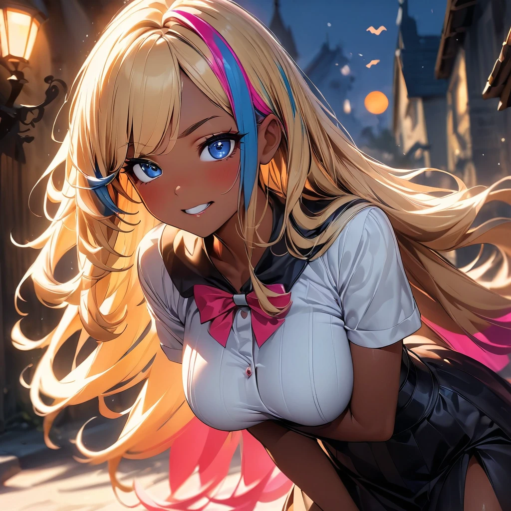 (highest quality:1.2, Very detailed, up to date, Vibrant, Ultra-high resolution, High Contrast, masterpiece:1.2, highest quality, Best aesthetics), Portraiture、girl、slim:1, Bright colors、Beautiful fine details、Beautiful lip detail、long hair, ((wavy hair:0.4))、messy hair, blonde and blue ((streaked hair:1.3)), highlights hair: 1.3, (medium breast:1), (tan skin:1.3), halloween witch costume, sexy witch, witch hat, holding magic wand, ghost pose, angry:1, clenched teeth, Background of a haunted house with flying bats,  (cowboy shot:1.5),