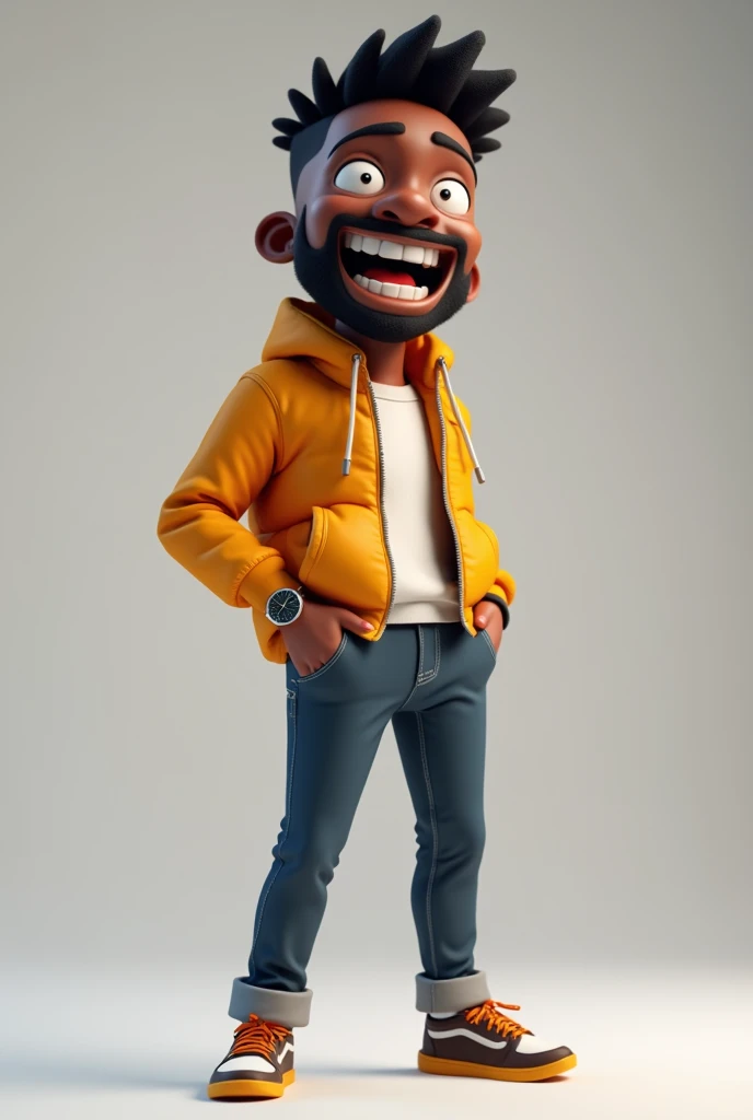I want a black comedian with a funny facial expression that makes anyone laugh just by looking at his slightly large mouth., full body with social fact, shoe watch, tall and young with a beard in the 3D style like the PlayStation 5 games with very high quality
