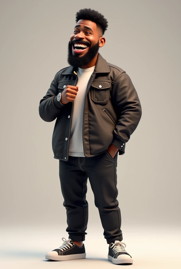 I want a black comedian with a funny facial expression that makes anyone laugh just by looking at his slightly large mouth., full body with social fact, shoe watch, tall and young with a beard in the 3D style like the PlayStation 5 games with very high quality 