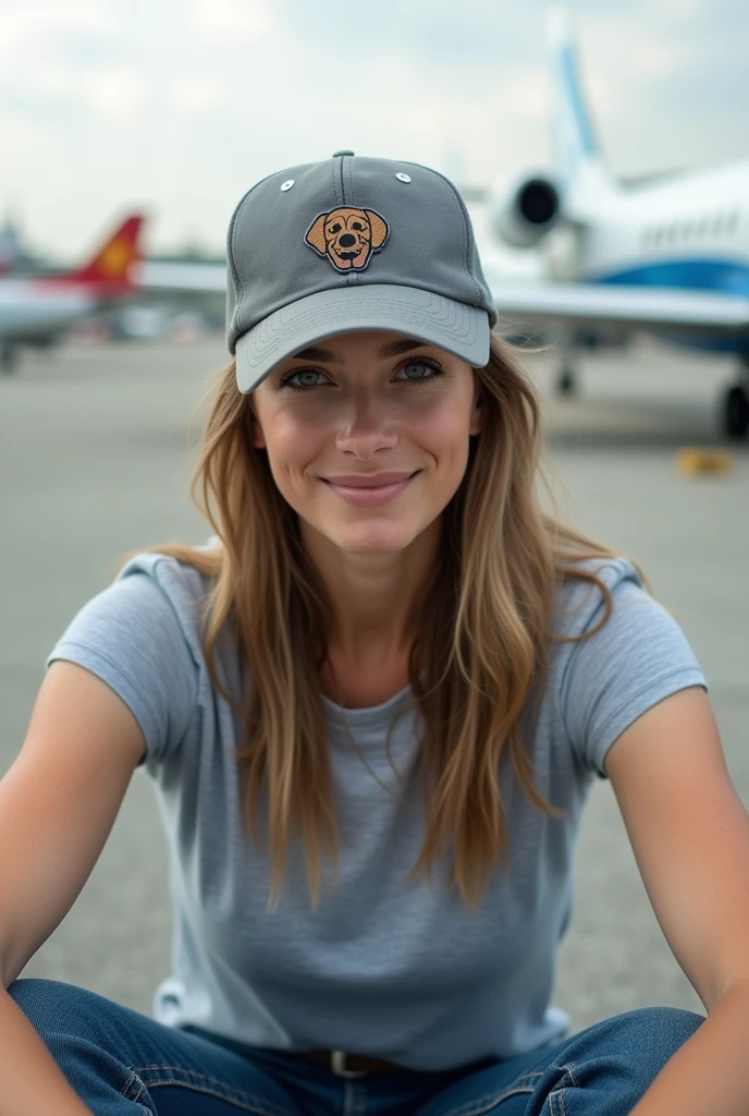 American woman wearing a grey Canvas baseball cap with embroidered dog head pattern sitting on the runway