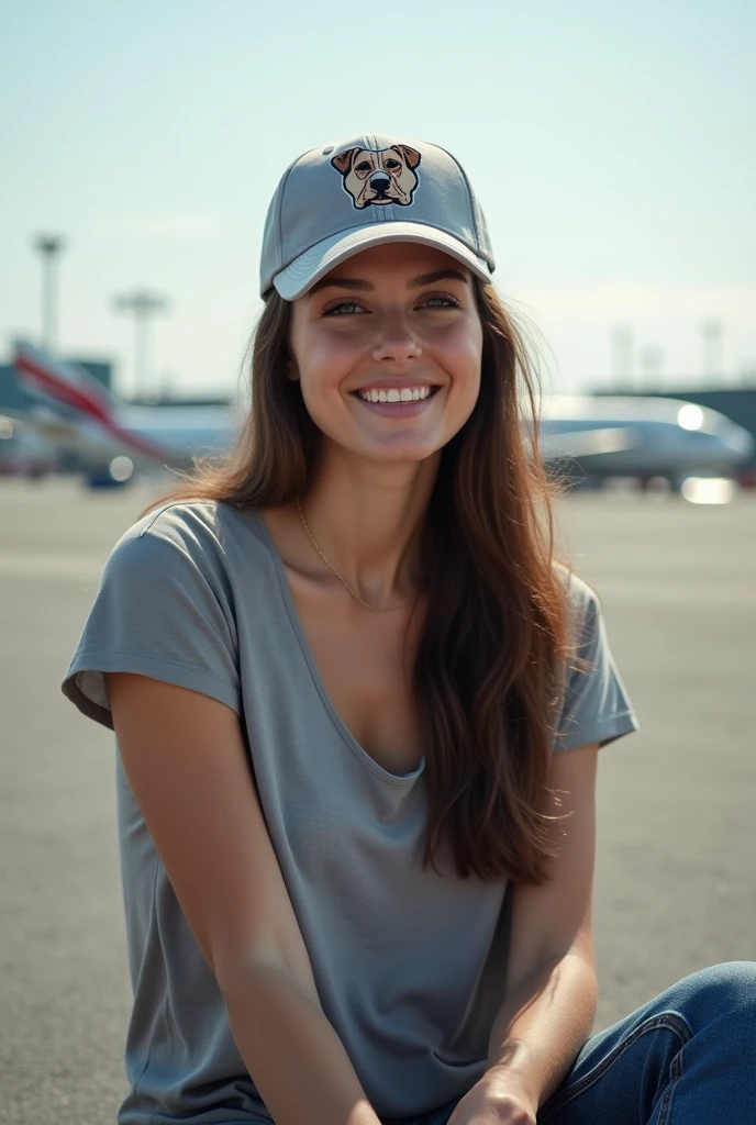 American woman wearing a grey Canvas baseball cap with embroidered dog head pattern sitting on the runway