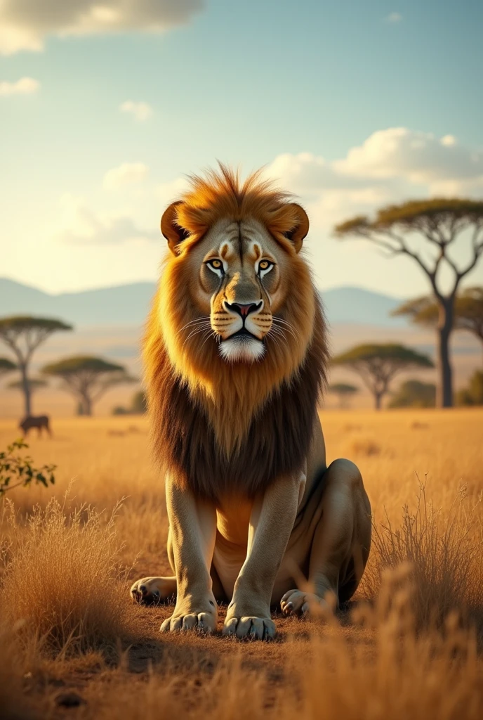 Realistic photo, 8k photo, cinematic, big Wild lion, sitting on ground, in africa wild savana scene, daylight scene, not aggressive, majestic, king of the  animals