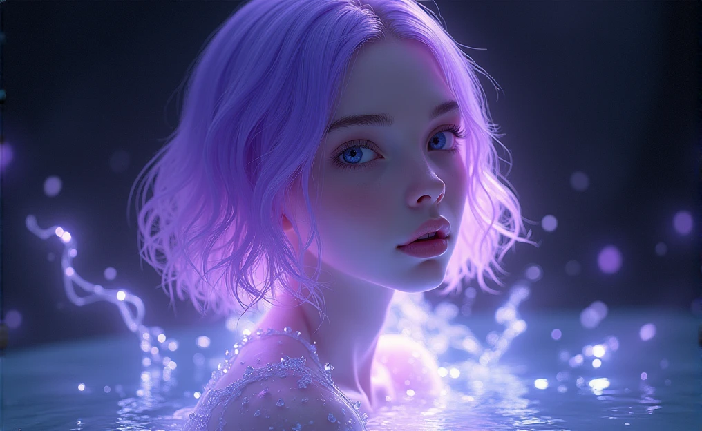 The image shows a BOY with delicate, androgynous features. The person has pale and smooth skin watching at us, with a serene and dreamy expression. His eyes are an intense and bright blue, with a look that seems lost in deep thoughts. The boy hair is short, flowing, and a bright purple that appears to be made of liquid light. It is soaked and falls in clumps that blend into the background, giving a sense of movement and fluidity. There is an ethereal lighting effect surrounding the boy. Flashes of purple and white light spread across the image, as if the person is surrounded by water or some kind of magical energy. Light reflections on the skin and hair reinforce this feeling that the boy is made of a liquid or crystalline material. The background is dark, which makes the light effects stand out even more. There is a play of light and shadow that adds depth and mystery to the scene. The style is very detailed and realistic, with a fantastic touch. The use of cool colors and lighting effects creates a dreamy and otherworldly atmosphere.