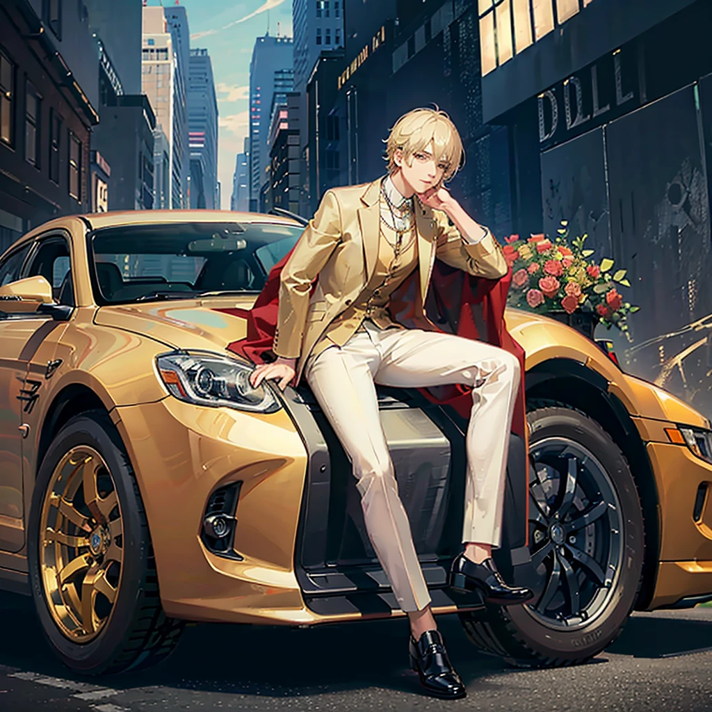 Man with luxury gold necklances sitting over an expensive car, side view, epic, grafittied wall on background