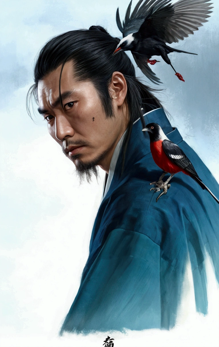 1man,long hair tied loose,black hair,japanese man,samurai clothes,calm and peaceful expression like a true samurai,a bird on his shoulder,realistic,ultra graphic,Realism