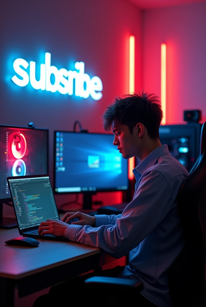 Human is work for leptop in work tabal and beground ' SUB COUNT ' LOGO design and decorate RGB lights and background YouTube equipment gaming setup 4k image size 16:9