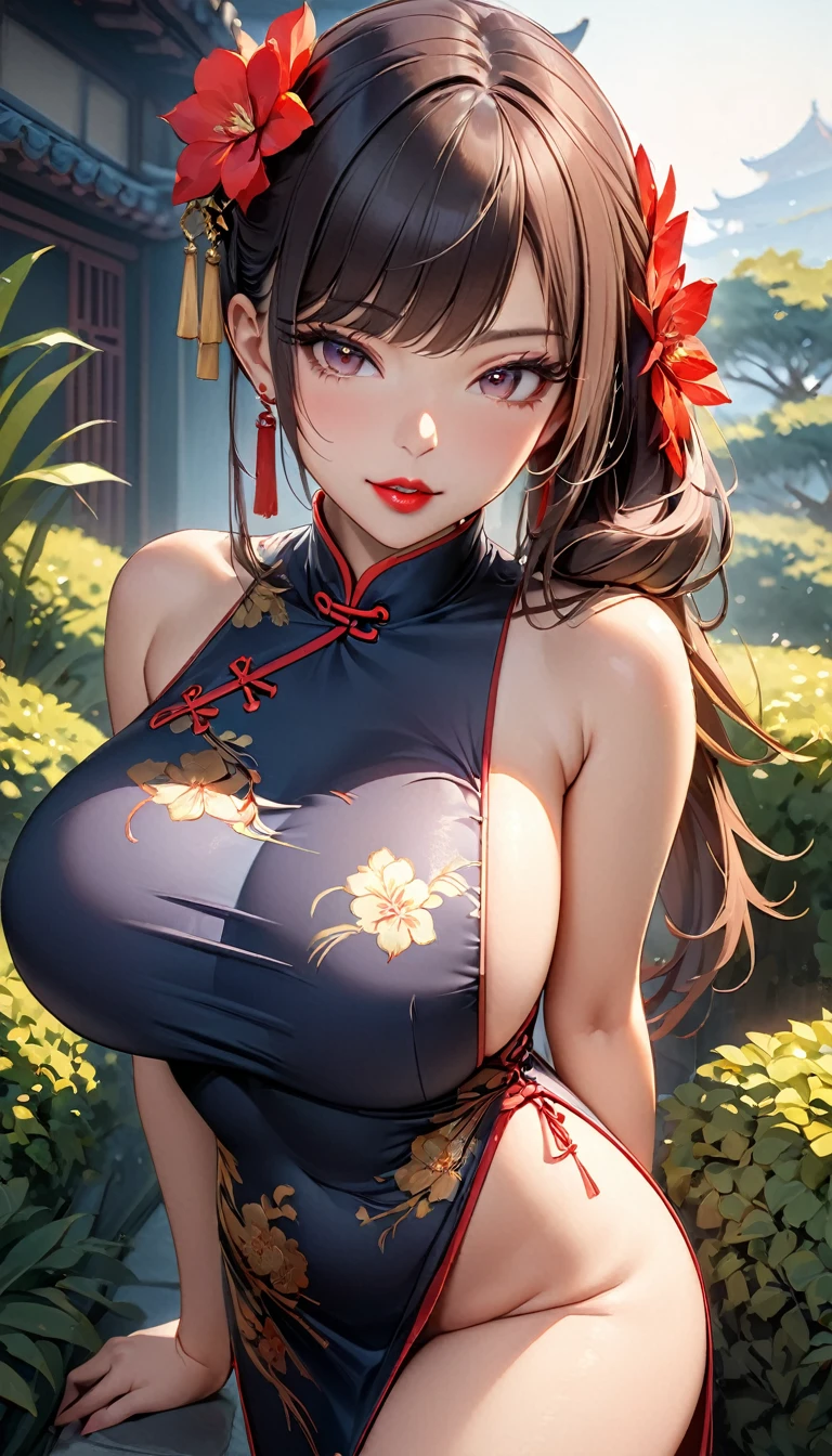 One person,Bush,Fashionable Girl,China dress,Chinese clothing,Hair Flower,(masterpiece:1.4),(Highest quality:1.4),(Glowing Skin),Red lips,View your viewers,Big Breasts,Cleft lip