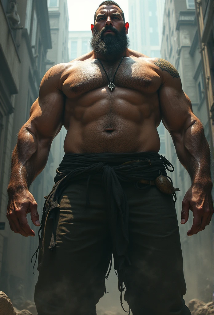 a giant man, muscular and shirtless, with a short beard, standing over me