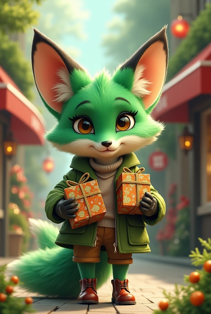 A green fox who loves shopping,Fox Girl,All hands are gifts,Can't take it all,Cute realistic style,Background city and forest,