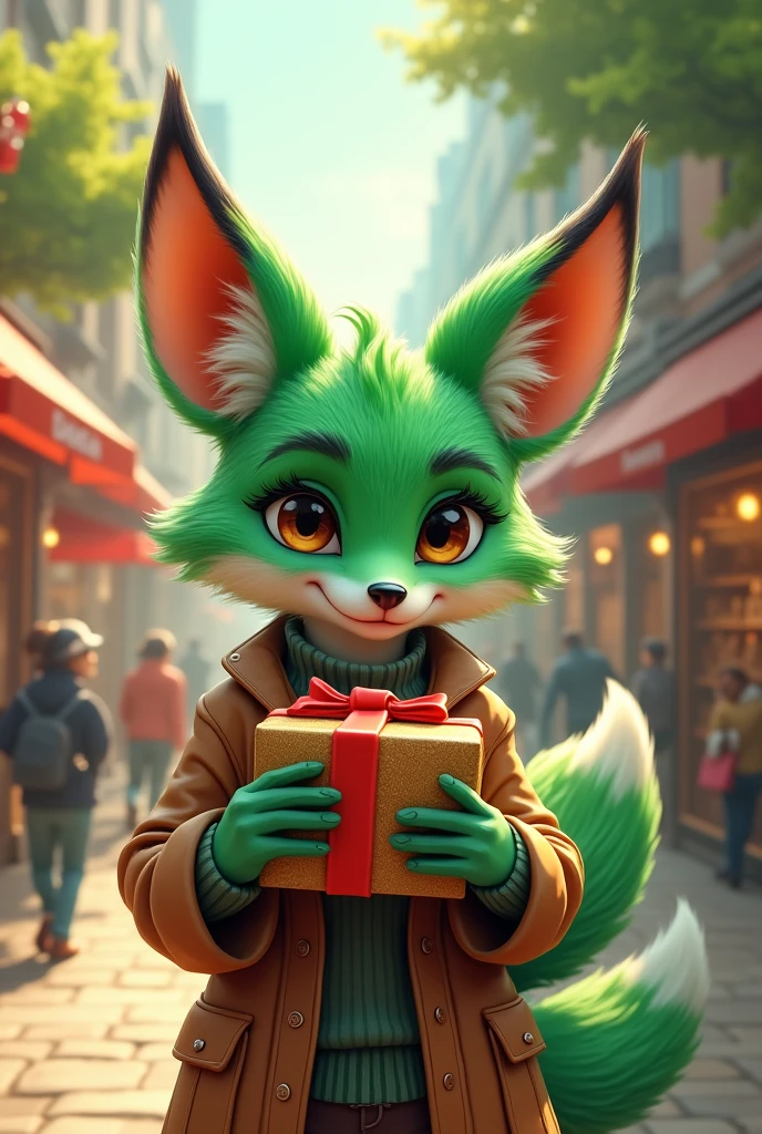 A green fox who loves shopping,Fox Girl,All hands are gifts,Can&#39;t take it all,Cute realistic style,Background city and forest,