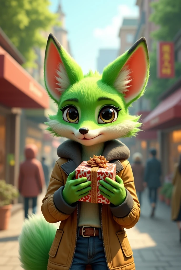 A green fox who loves shopping,Fox Girl,All hands are gifts,Can't take it all,Cute realistic style,Background city and forest,