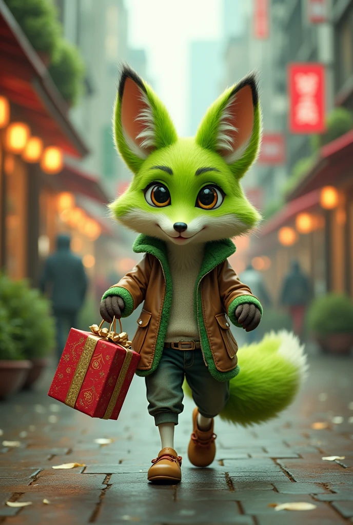 A green fox who loves shopping,Fox Girl,All hands are gifts,Can't take it all,Cute realistic style,Background city and forest,