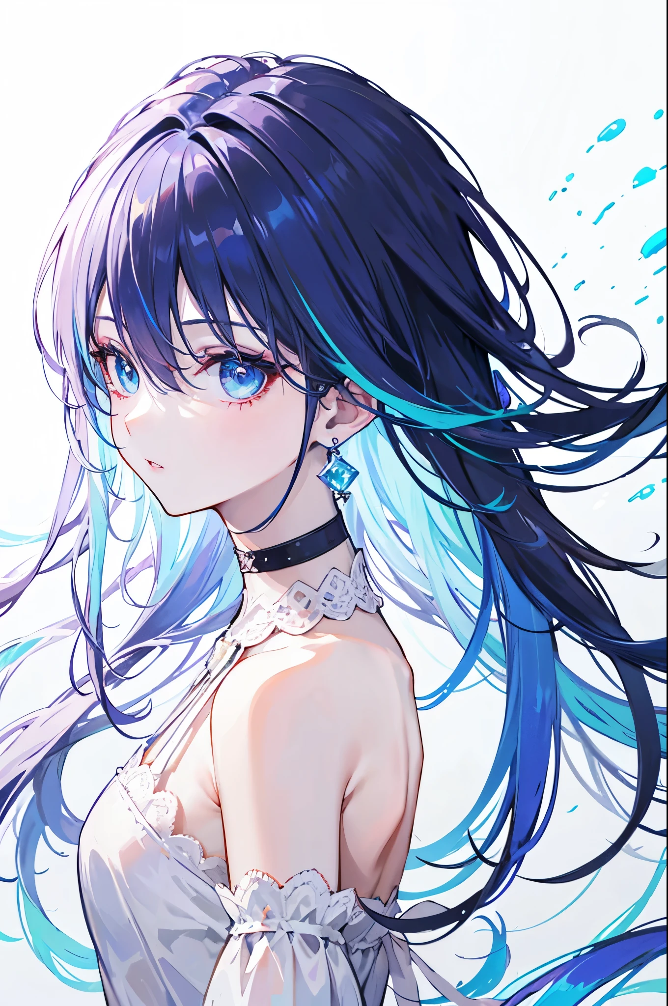 8k wallpaper, masterpiece,Cinema Lighting, Highest quality,figure,Elevation, ((colorful:1.1)), ((Inner hair color:1.4)), One person, alone, Long Hair, water, blue eyes, choker, Lips parted, white choker, Liquid Hair, Gray Hair, bangs, From the side, profile, Upper Body, Blue Hair, Simple Background, Gray background, Exposing shoulders, Portraiture, View your viewers, White Dress, Hair between the eyes, Multicolored Hair, White Background,Earrings,