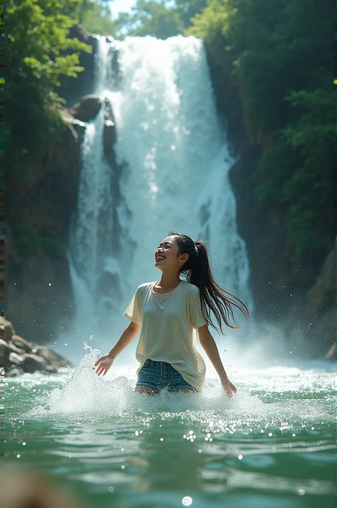 Create image,high definition,realistic,22yo Indonesian Korean Japanese girl,long hair tied in a ponytail,playing in the middle of a waterfall,48k,suhd,