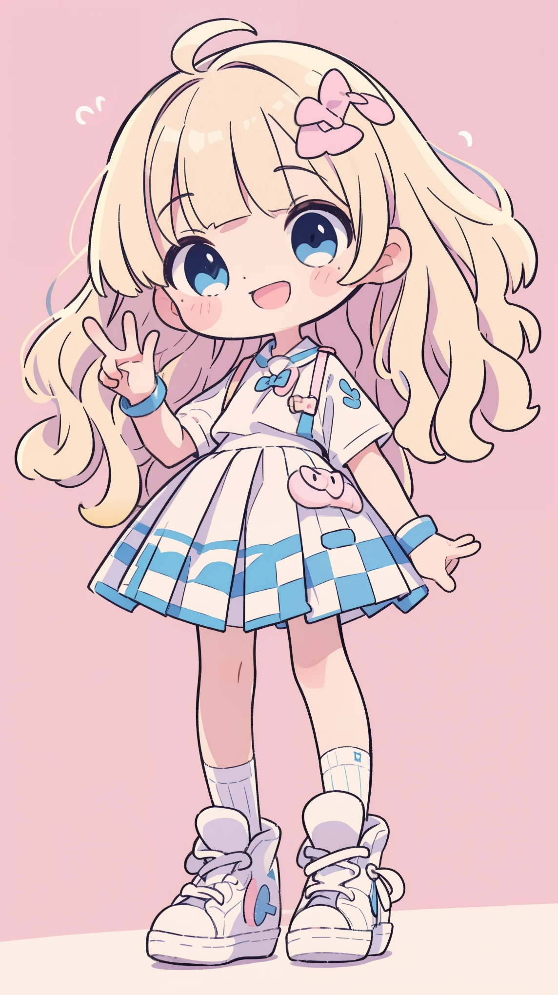 high resolution,smile,laugh,woman,woman1人,adult,Clear,cute,
((chibi)),
peace sign,
blunt bangs,wavy hair,Blonde Hair,BREAK,
Light blue eyes,BREAK,
uniform,White shirt,BREAK,Pink checkered pleated skirt,BREAK,
White socks,White sneakers,BREAK,
Facing forward,BREAK,Background white,