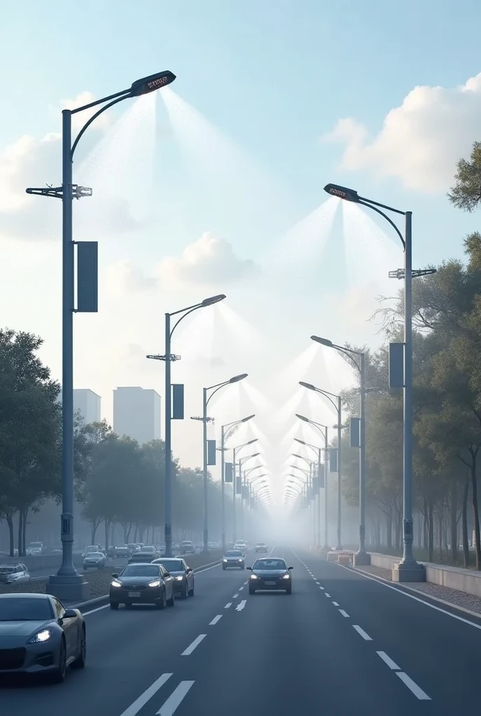 Roadside water sprinkler fitted in streetlight system which counters pollution.
Whole road view of various streetlights and car emitting pollution and these systems spraying water to counter it.