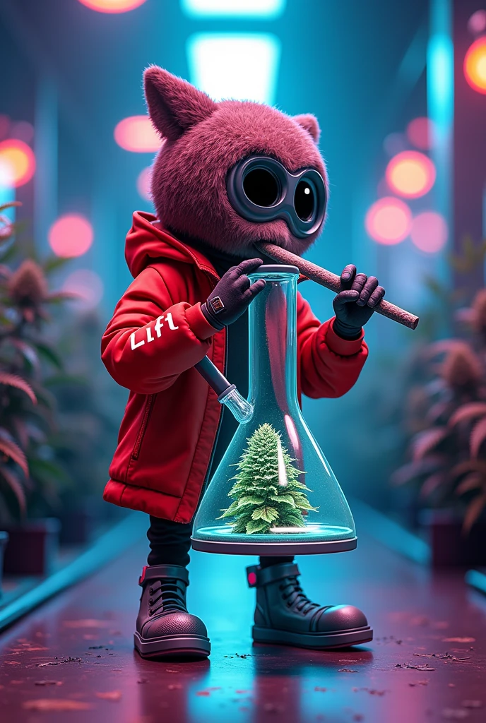 design a 3d anti-gravity bong character with indica floating inside. this design is the logo for the company. the brand name l.i.f.t. clothing should be visible on the logo. The 3d Anti-gravity bong character has a intoxicated happy feeling. The bong looks 22nd Century. The colors are vibrant, the floating stativa inside the bong holographic. The character is facing forward and rolling a blunt. He is dressed in l.i.f.t. clothing. He is in a futuristic cannabis grow room. This chatacter does not have a human face its like the koolaid logo, except this character is an Anti-gravity bong with exotic weed floating inside. put this character on a stylish anarack jacket