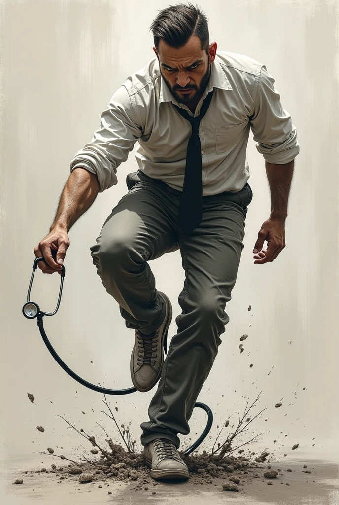 A man smashing stethoscope with his foot

