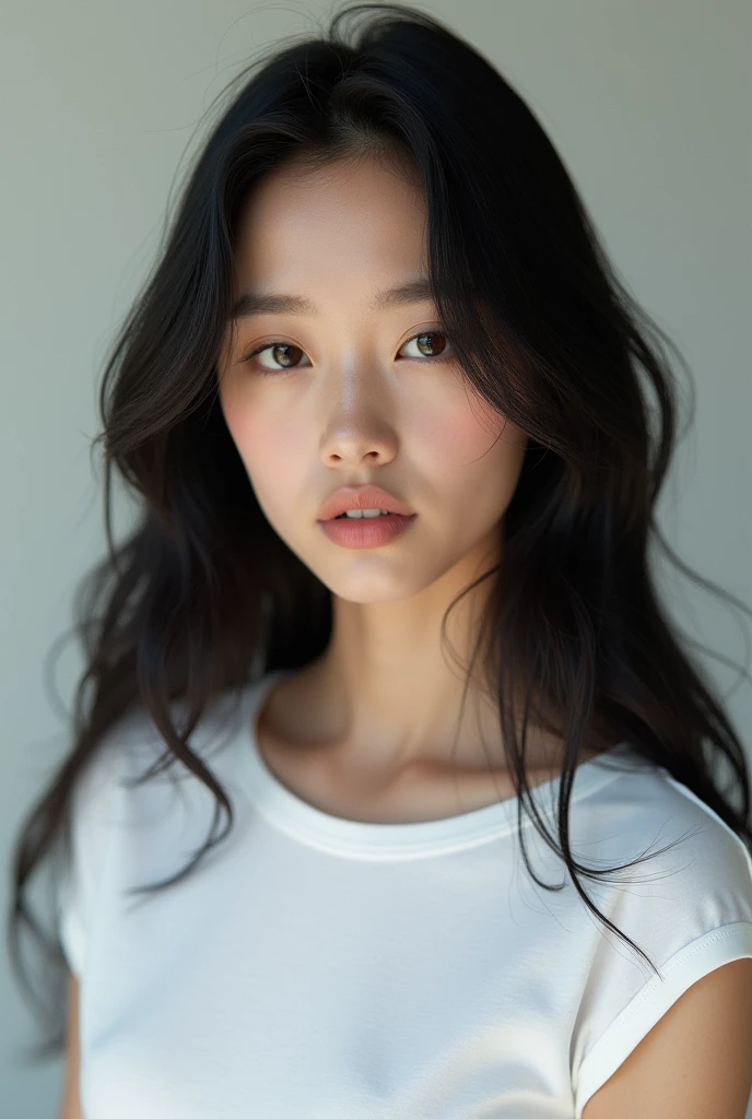 AI Girl with Brown eyes,
Long hair black ,white t-shirt