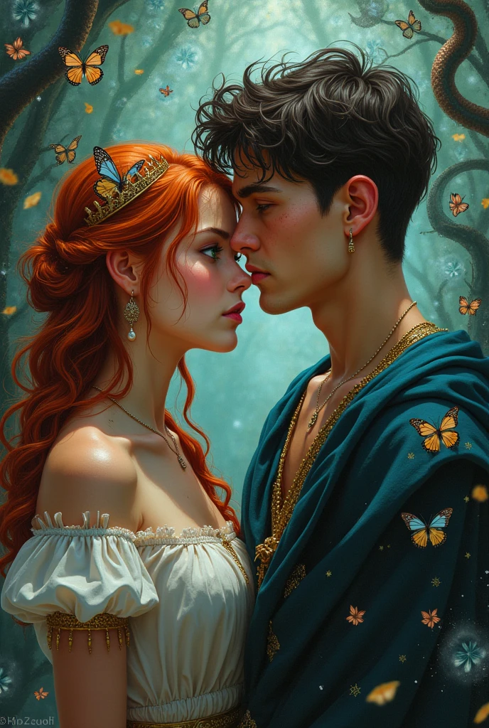 Make a fantasy book cover with daggers on it, crowns, butterflies, Snakes . where both love and chaos are represented, without showing the face of any character, representing both light and darkness, Where love is seen, add two people: a girl with copper hair, green eyes and dark skin with freckles and a boy with dark brown hair, gray eyes and a marked jaw.. that he looks at her with pain, The older the boys, the better.