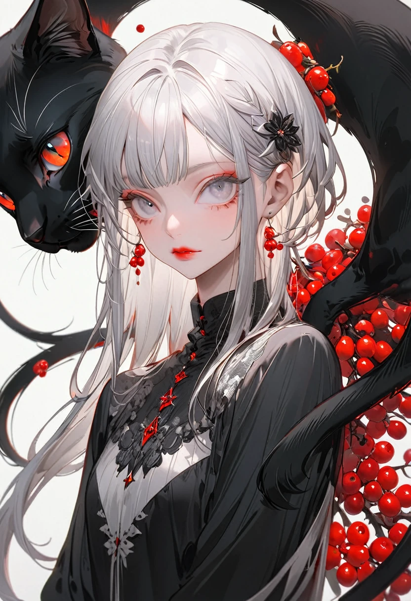 The background is crimson,(Highest quality,Very detailed,High resolution:1.2),Slim albino girl,Gray-haired berry shorthair,gray bangs,very_Long eyelashes, Detailed lips, Cool look, Soft Skin, Shiny Hair,Exquisite makeup, Standing next to a giant black cat