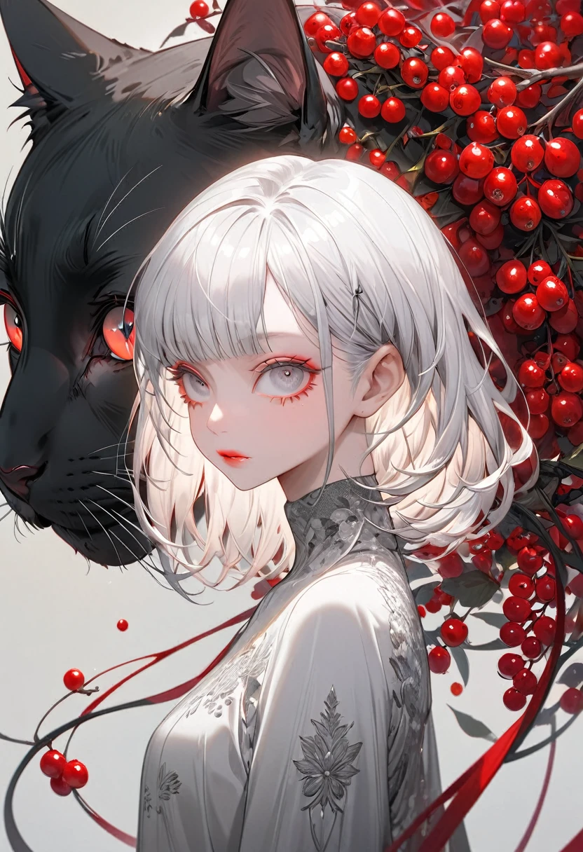The background is crimson,(Highest quality,Very detailed,High resolution:1.2),Slim albino girl,Gray-haired berry shorthair,gray bangs,very_Long eyelashes, Detailed lips, Cool look, Soft Skin, Shiny Hair,Exquisite makeup, Standing next to a giant black cat