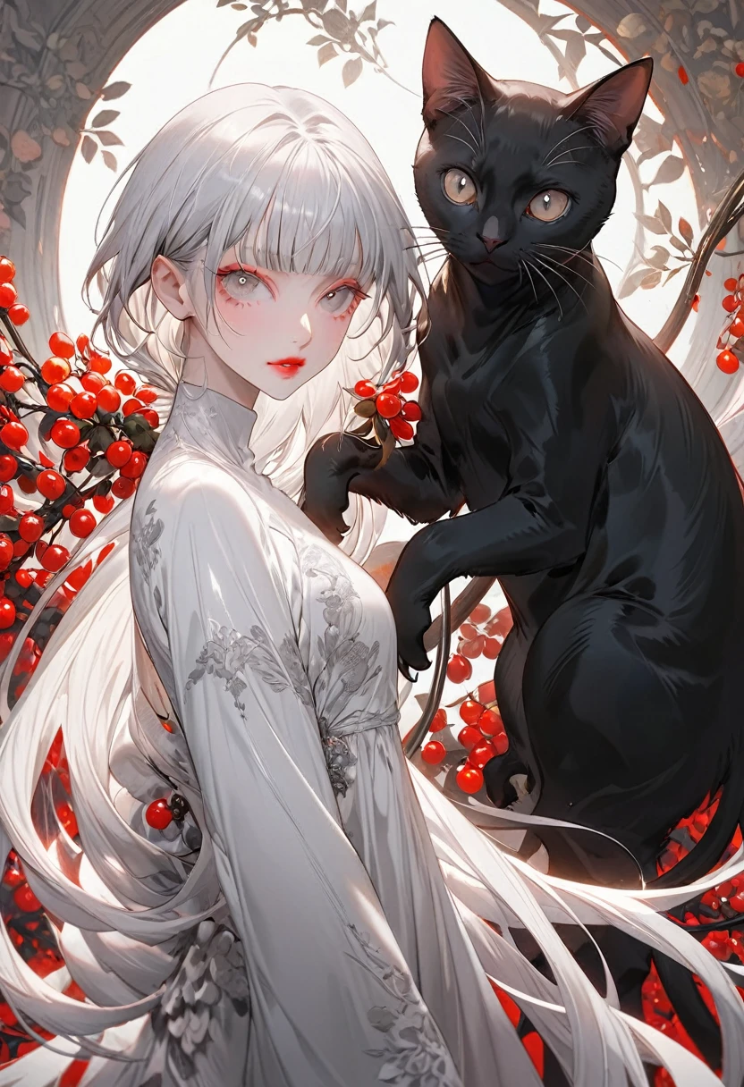 The background is crimson,(Highest quality,Very detailed,High resolution:1.2),Slim albino girl,Gray-haired berry shorthair,gray bangs,very_Long eyelashes, Detailed lips, Cool look, Soft Skin, Shiny Hair,Exquisite makeup, Standing next to a giant black cat