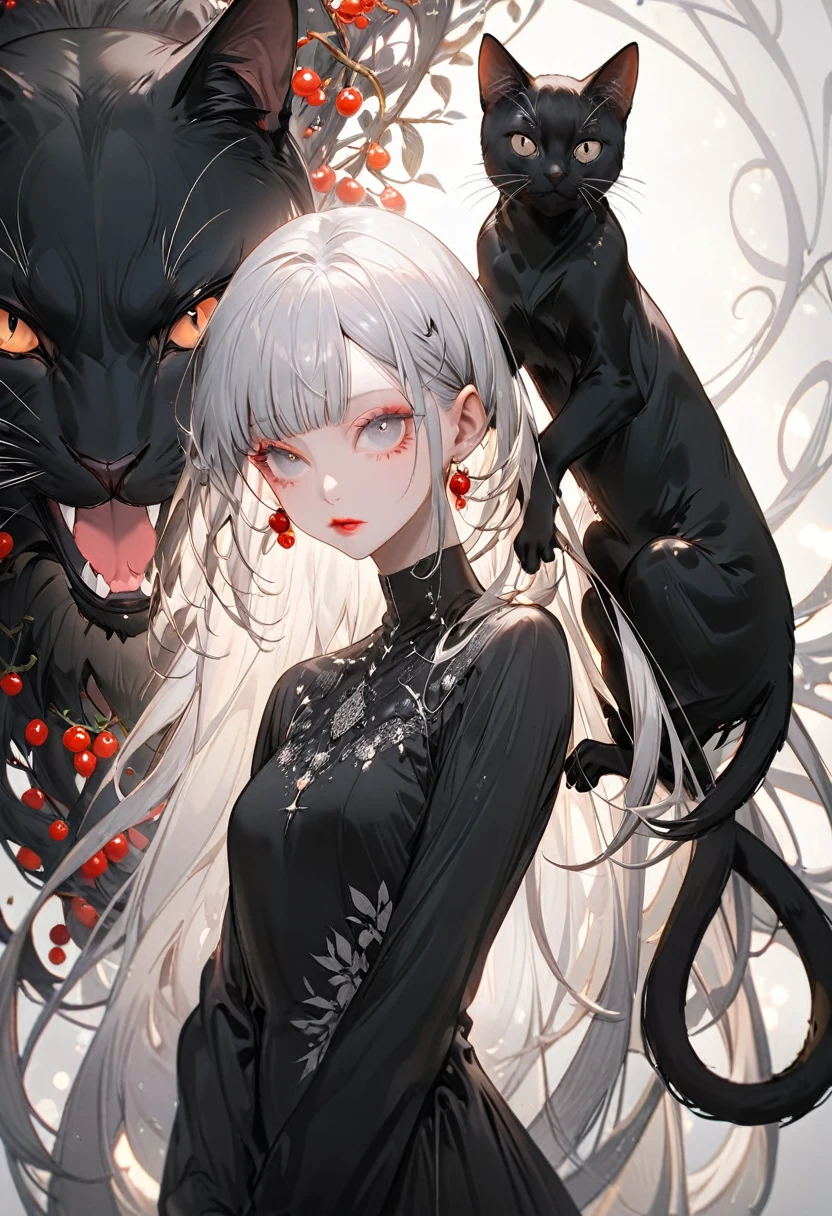 The background is crimson,(Highest quality,Very detailed,High resolution:1.2),Slim albino girl,Gray-haired berry shorthair,gray bangs,very_Long eyelashes, Detailed lips, Cool look, Soft Skin, Shiny Hair,Exquisite makeup, Standing next to a giant black cat