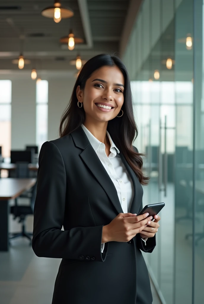 Bangladeshi corporate lady HR happily sitting in the right side of the image with a phone in her hade. Make it in landscape