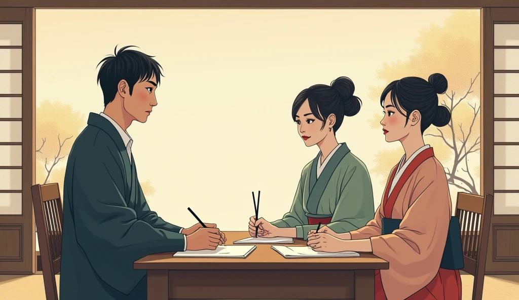 Ukiyo-e, simple,man,two woman, studying