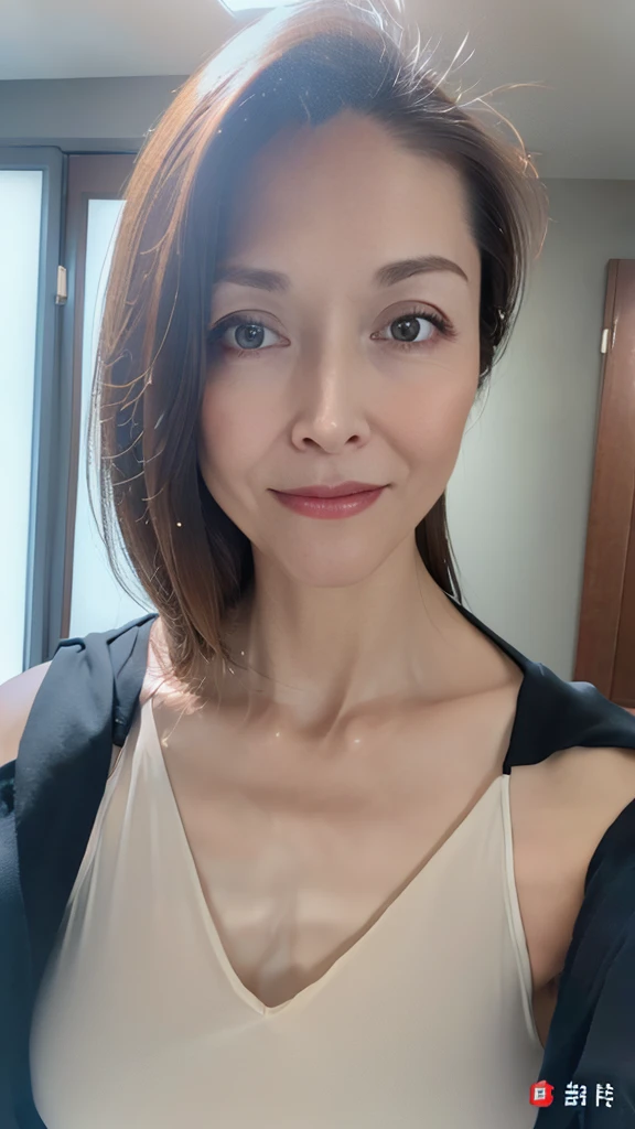 Beautiful and handsome woman, ((best quality, 8K, masterpiece:1.3)), Beautiful woman, 1 female, Huge breasts:1.3, Slim body:1.1, Elastic dark brown hair, (take a shower, Wet, Wet clothes:1.1), The face is rich in detail, Delicate lips, Fine particles, Double eyelids