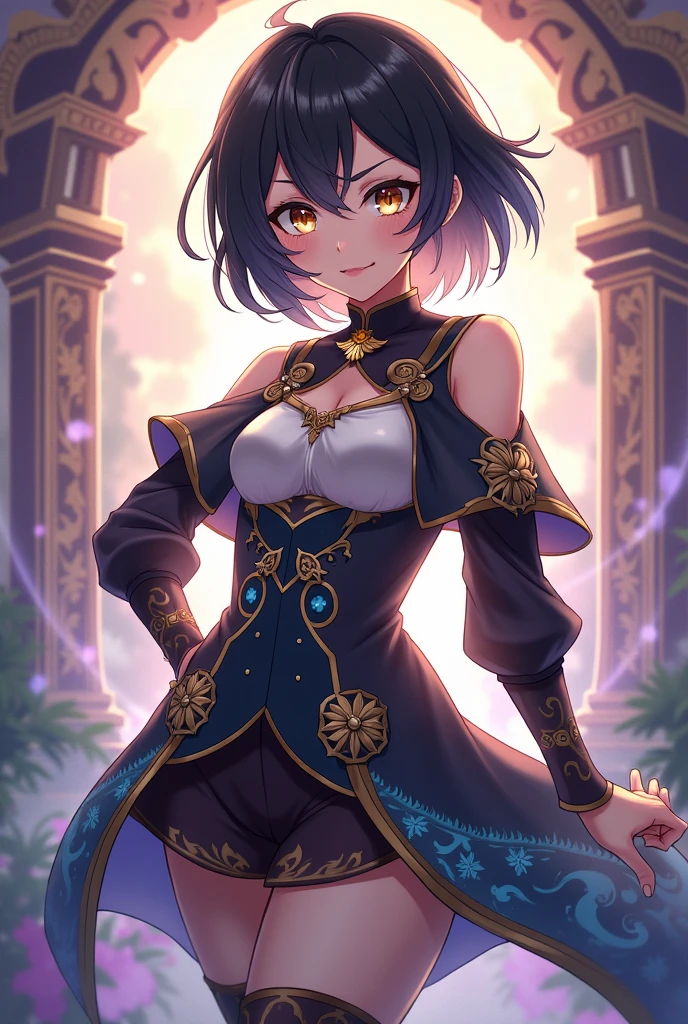 Geschin hit a girl with short black hair down to her shoulders,a Lumine outfit and brown eyes, Geschin Impact version