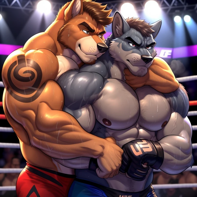 Duo male(Brown Dog vs Gray wolf), handsomes(handsome hairstyle, Thick eyebrows, detailed face), gay(cuddling embraced from behind holding neck with bicep, body with body, on a UFC match), hot(Shirtless), handsomes(They are handsomes, correct anatomy), musculosos(Big muscle bodies, Six packs, muscle abs, big pecs), sweaty(very sweaty wet bodies, shiny sweat), tatuajes(they have tattoos), grumpy(Both have an grumpy expression, grumpy teeths, steaming breath), UFC gloves(They both are wearing UFC gloves), Hight resolution, by(Zourik:1.1)