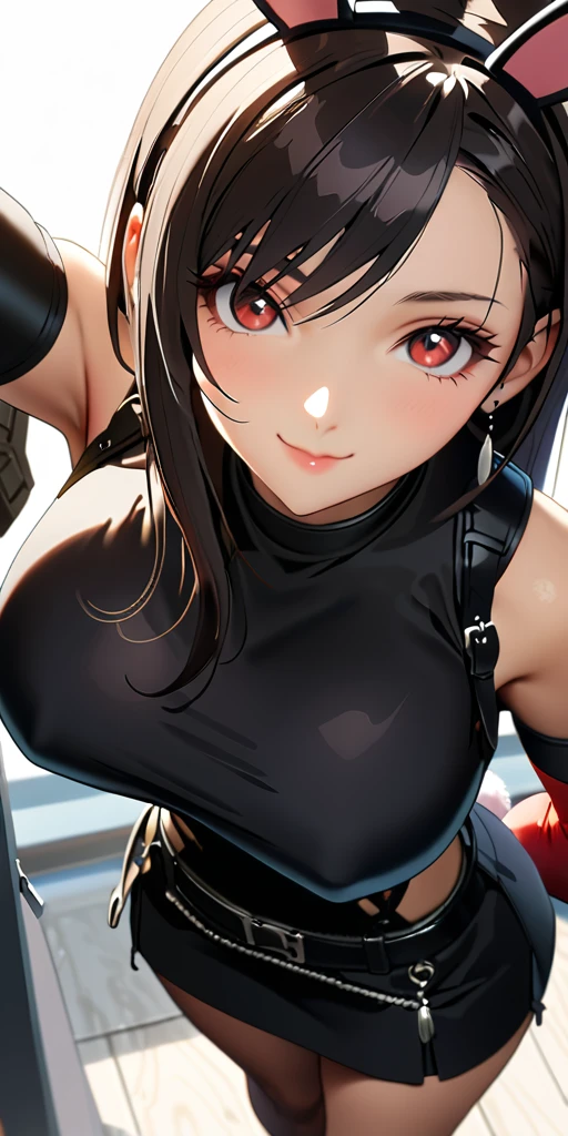 (((((tifa lockhart:1.5))))),((Highest quality、masterpiece、anime style、best quality、high resolution、8k、detailed、ultra-detailed:1.3))、Long legs:1.2, Beautiful woman with perfect figure:1.4、(Smiling:1.2), double eyelid、30-year-old female、((((One Woman,beautiful face,Beautiful face:1.5)))),Big Breasts、High resolution, accurate, Anatomically correct, High-resolution model, high quality, Very detailed, Ultra high definition、Black Hair、Straight Hair、Long Hair、(((Bunny girl、Bunny ears headband:1.1)))