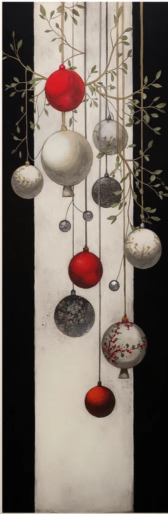 The image displays a series of spherical objects suspended against a black and white background. The spheres vary in color, with some being solid red, others white with floral patterns, and some appear to be transparent or metallic. They are hanging at different heights and seem to be attached to branches or stems with leaves, which adds an organic touch to the composition. This image is interesting due to the contrast between the vibrant red spheres and the monochromatic background, as well as the mix of natural elements with what appears to be man-made objects. It creates a sense of harmony and balance despite the differences in textures and colors.