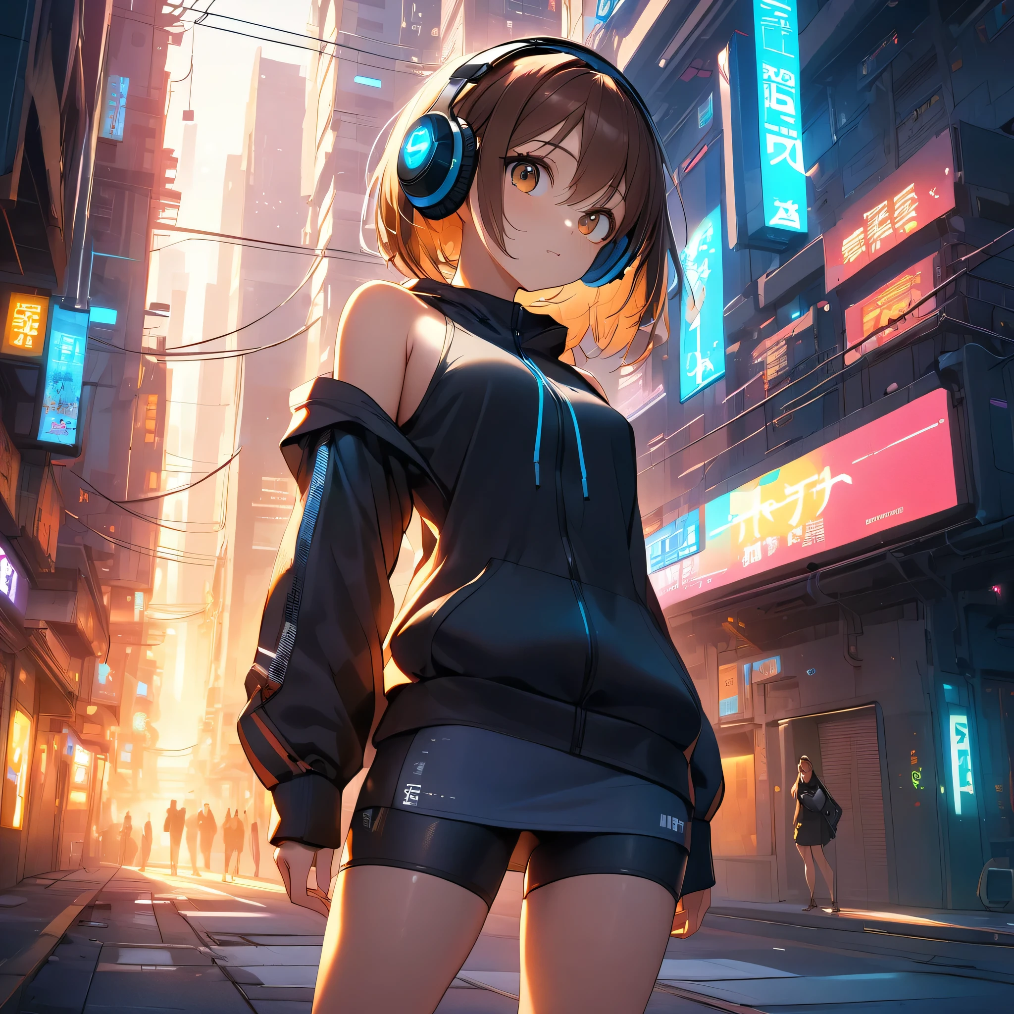 1 round-faced girl,Regular facial features,Big bright eyes,Brown hair,Wear high-tech headphones,whole body,Able-bodied,Bare shoulders,Big ,Hands behind back,Bare legs,Short skirt/shorts/Yoga Pants,Warm light and shadow,In the cyberpunk city,Starry Sky