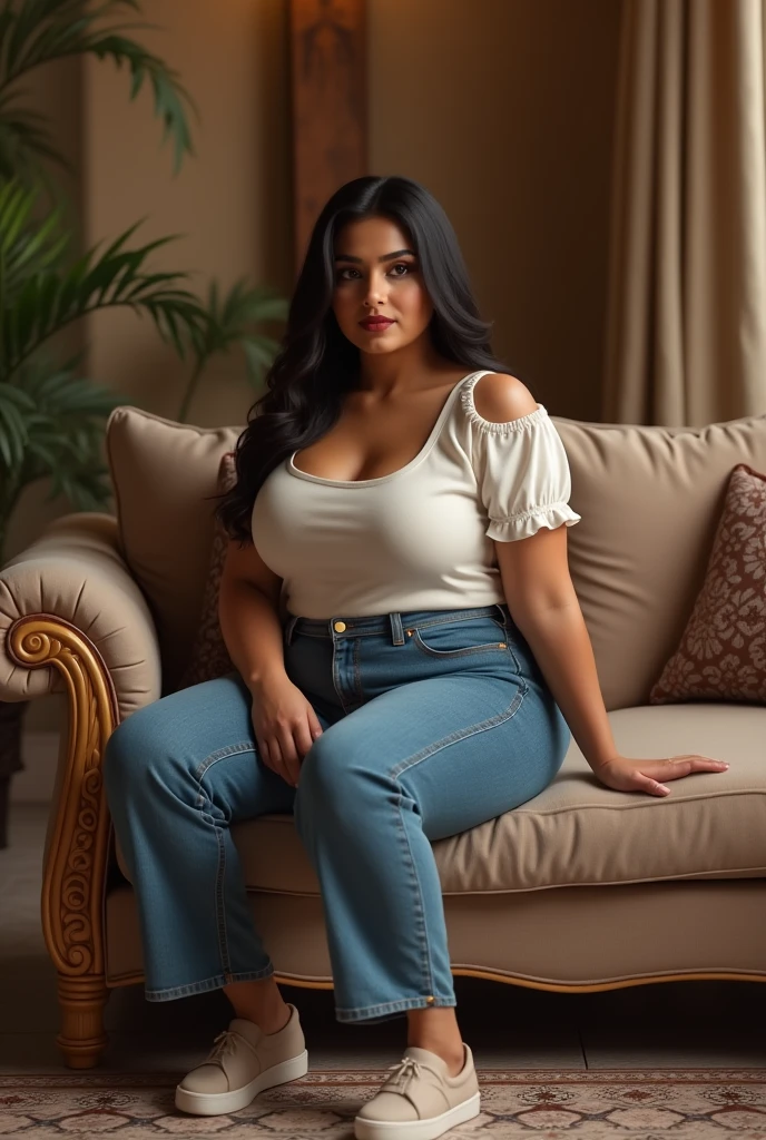 (photorealism:1.2), beautiful 35yo north indian married woman with curvy body, sitting on sofa, floor tiles, wearing casual square neck top and denim pants with matching casual shoes, intricate details, warm colors