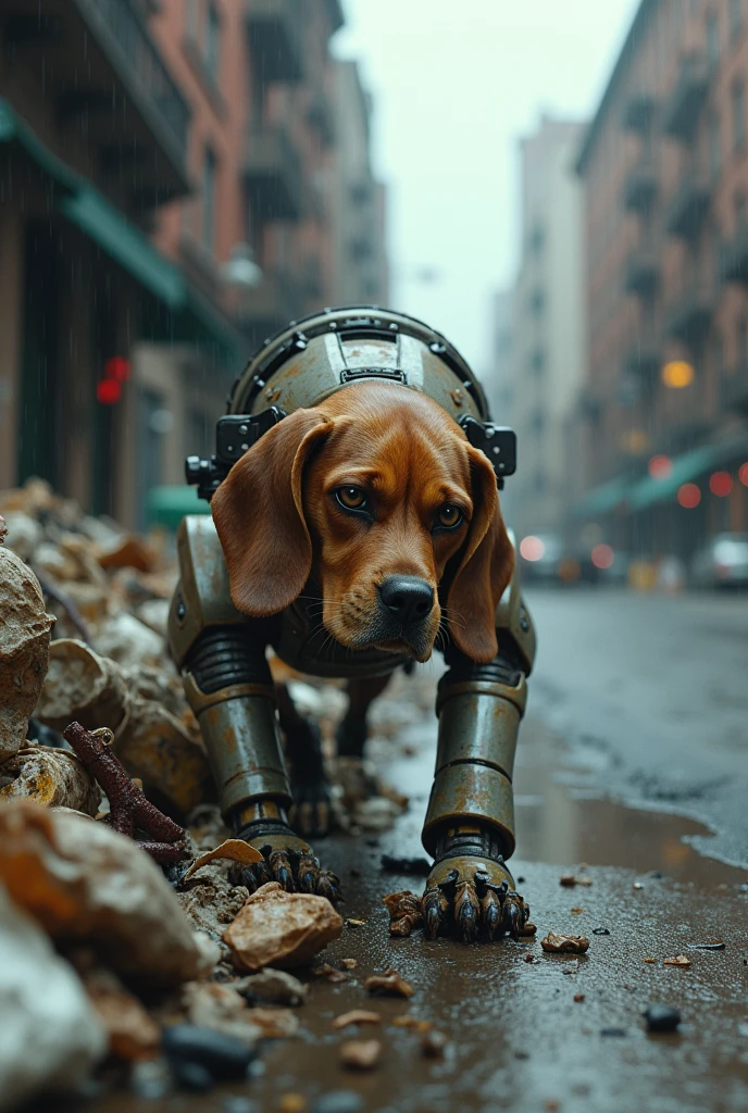 Dog beagle robot in new york street in distopic ambient realistic style searching for food in the trash. He is sad
Its a cloudy and rainy day
