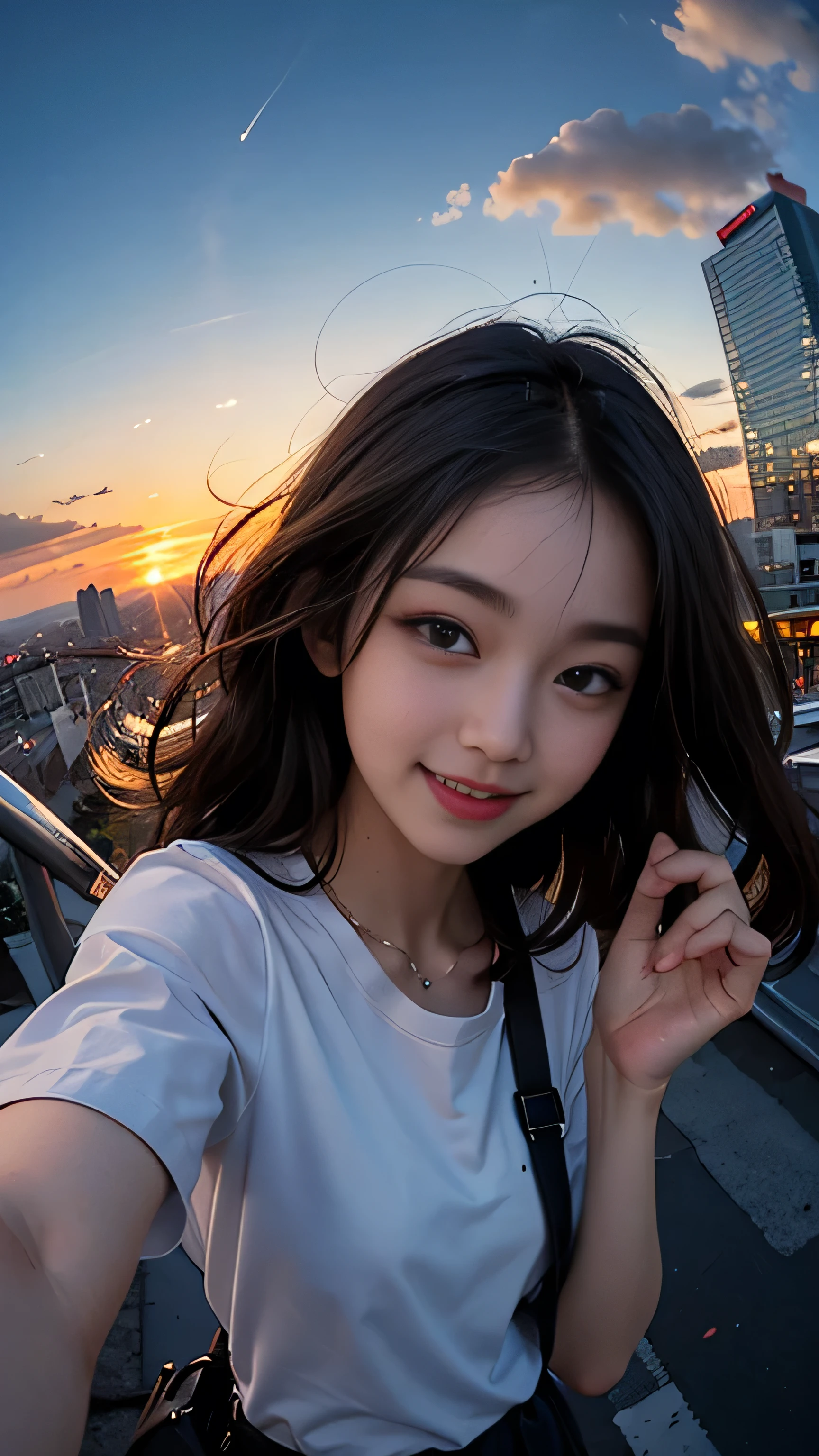 One person, Korean, Fisheye Lens, Selfie, Wind, Messy Hair, sunset, Cityscape, (Aesthetics and atmosphere:1.2),smile