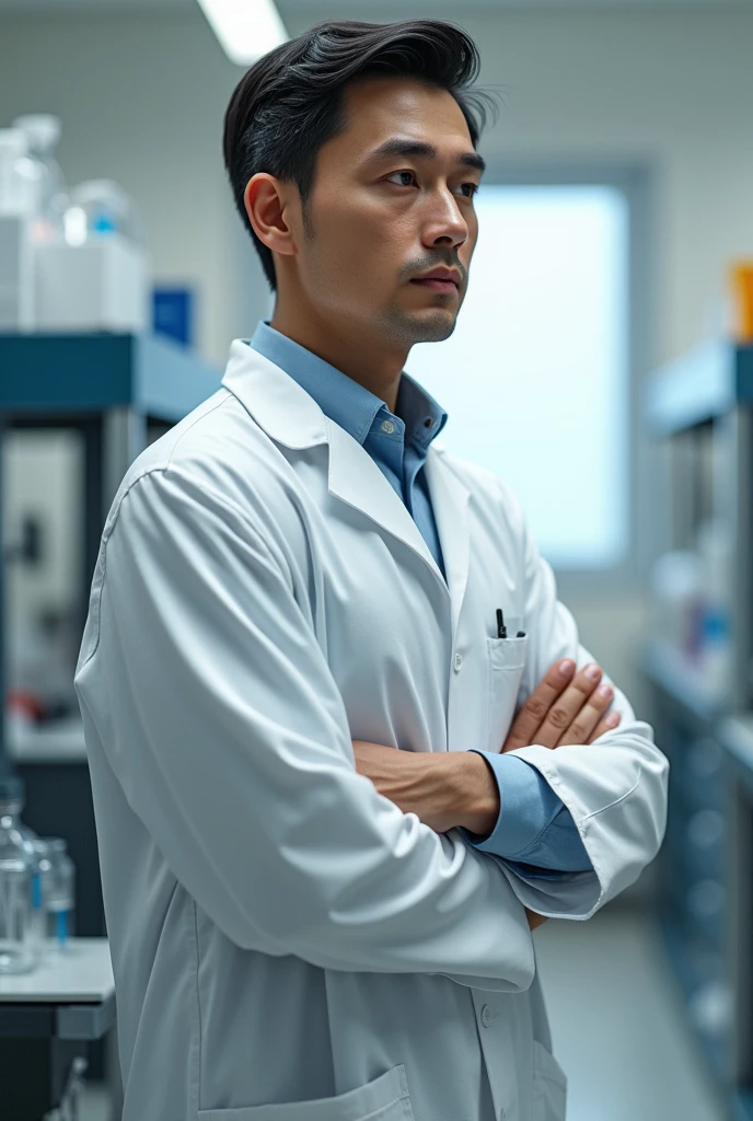 make me a prompt of a scientist with complete body hands face and foot side view or front view whole body