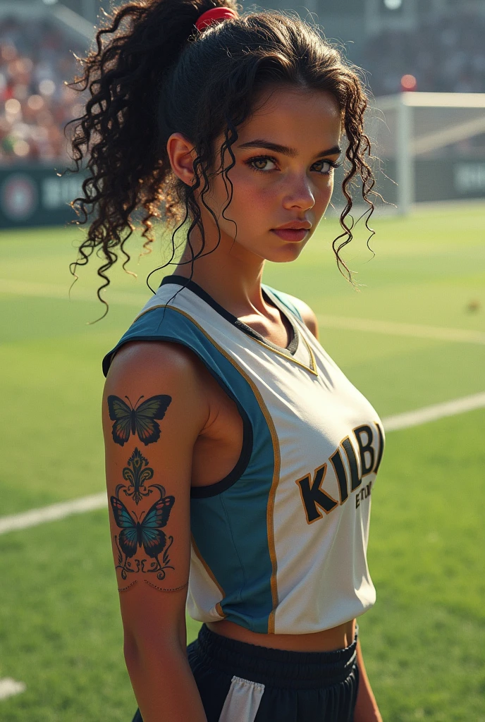 Teenage female with short curly hair tied up football player with a butterfly tattoo on her right arm and one on her left forearm of three small butterflies 