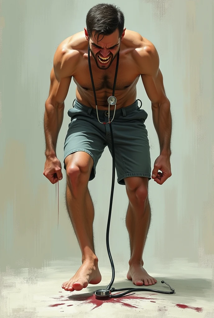 A man smashing stethoscope with his barefoot