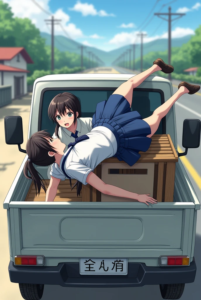 blue sky,cloud,In the car,Lying on your back,,1 Girl, Red eyes, Twin tails, brown hair,((顔 focus)),upper body,naked, bangs, eyebrows visible through hair, Small breasts,1boy,Put your face on my chest