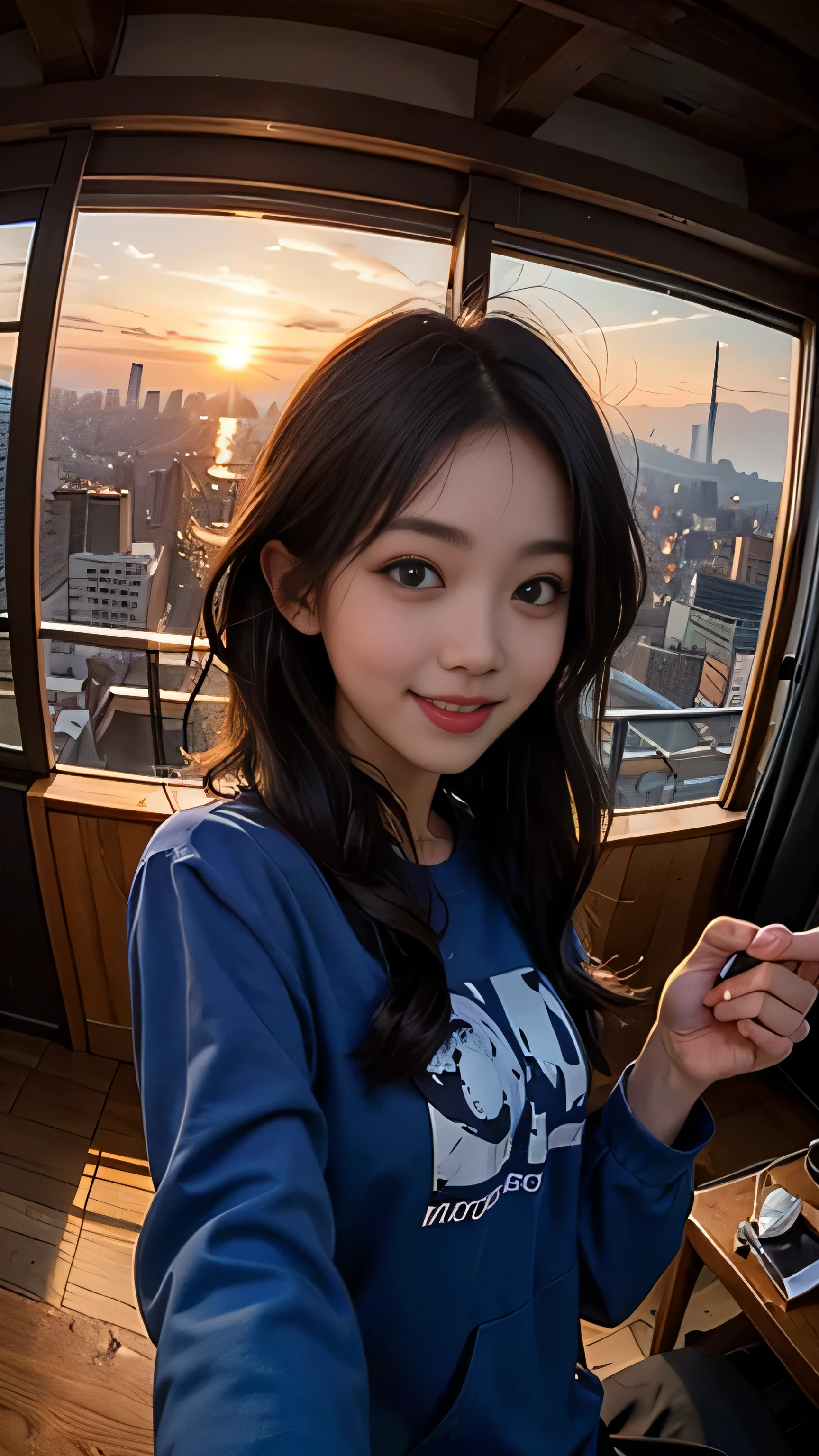 One person, Korean, Fisheye Lens, Selfie, Wind, Messy Hair, sunset, Cityscape, (Aesthetics and atmosphere:1.2),smile