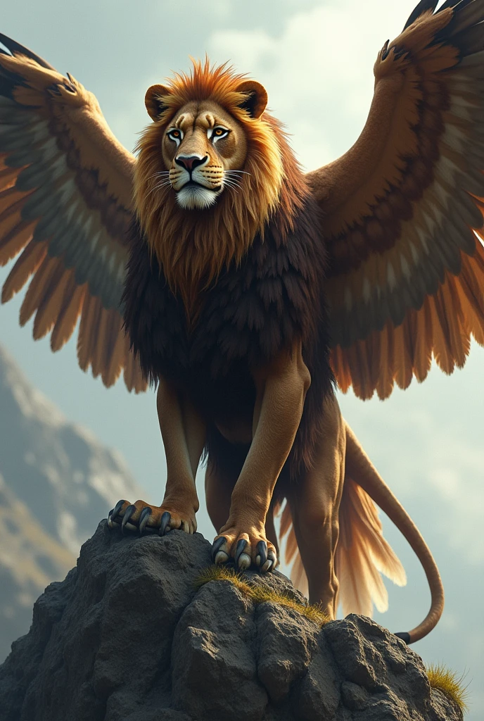 Lion + EagleA majestic hybrid with the muscular body of a lion and the powerful wings and keen eyesight of an eagle. It has a lion's mane merging into feathered wings, allowing it to soar and hunt with precision. --ar 9:16